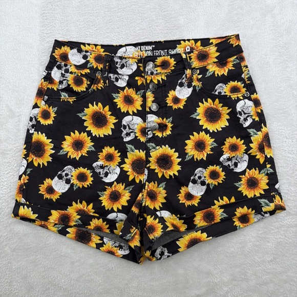 Hot Topic Pants - HT Hot Topic Denim 9 Ultra Hi-Rise Button-Front Shorts Sun Flowers Skull Print